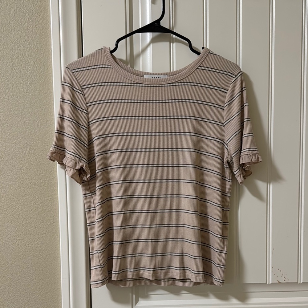 Ro & De Striped Cream Ribbed Short Sleeve Tee with Ruffle Sleeve Detail